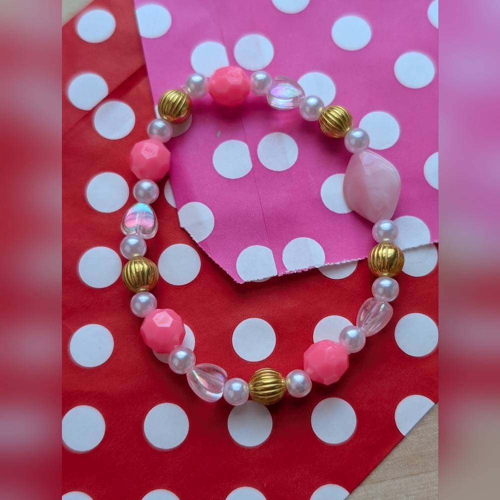 Pink and Gold Beaded Stretch Bracelet - Picture 2 of 4